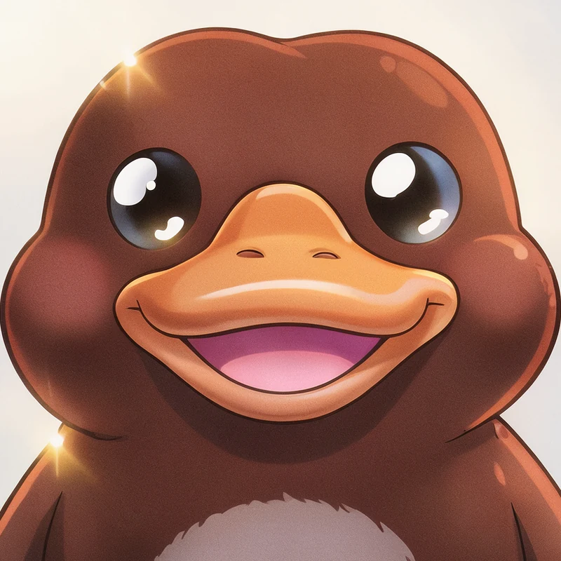 Petey the platypus, a happy brown platypus with big shiny eyes and an orange bill